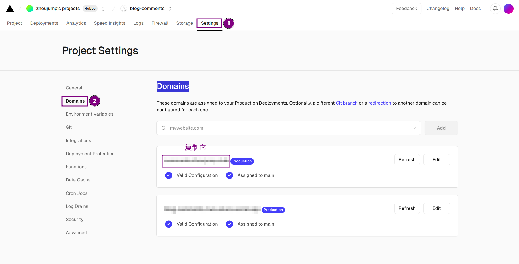 Domain name management interface