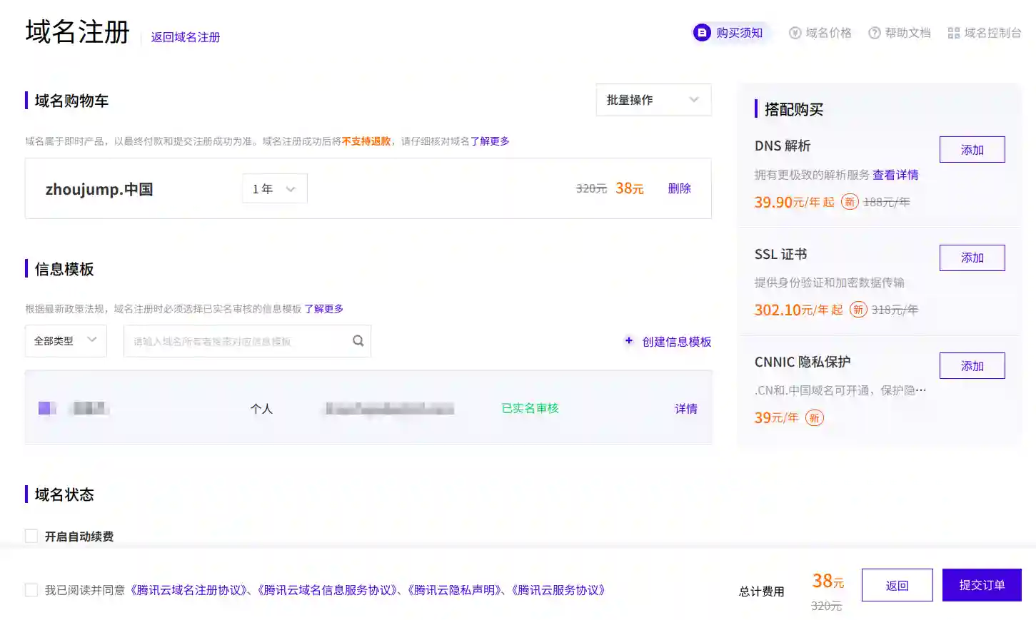 Domain name purchase interface